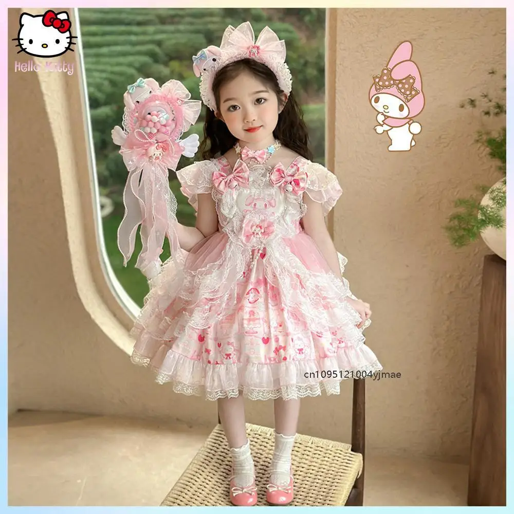 

Kawaii Melody Summer Girl Lolita Dress Cute Sanrio Cartoon Pink Birthday Party Role Play Lace Bow Halter Dress Yarn Skirt Gift ﻿