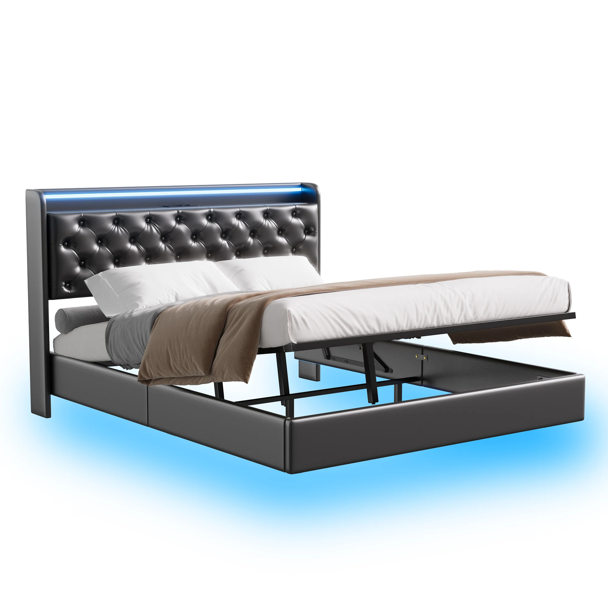 Rosahqnda Polsterbett, Doppelbett mit USB-Ladefunktion, LED-Beleuchtung, Kopfteil mit Stauraum, versteckte Bettfüße, Leder-Finish – Detail 20