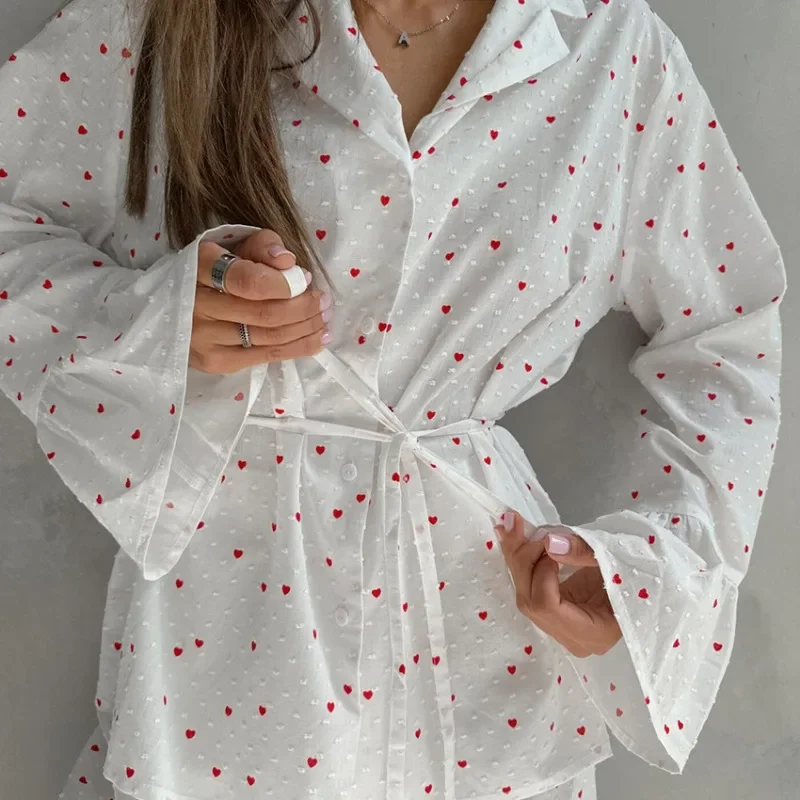 100% Cotton 2Pcs Sets for Women Love Print Long-sleeved Shirts with High Wasit Trousers Pajamas Loose Comfortable Homewear Suits