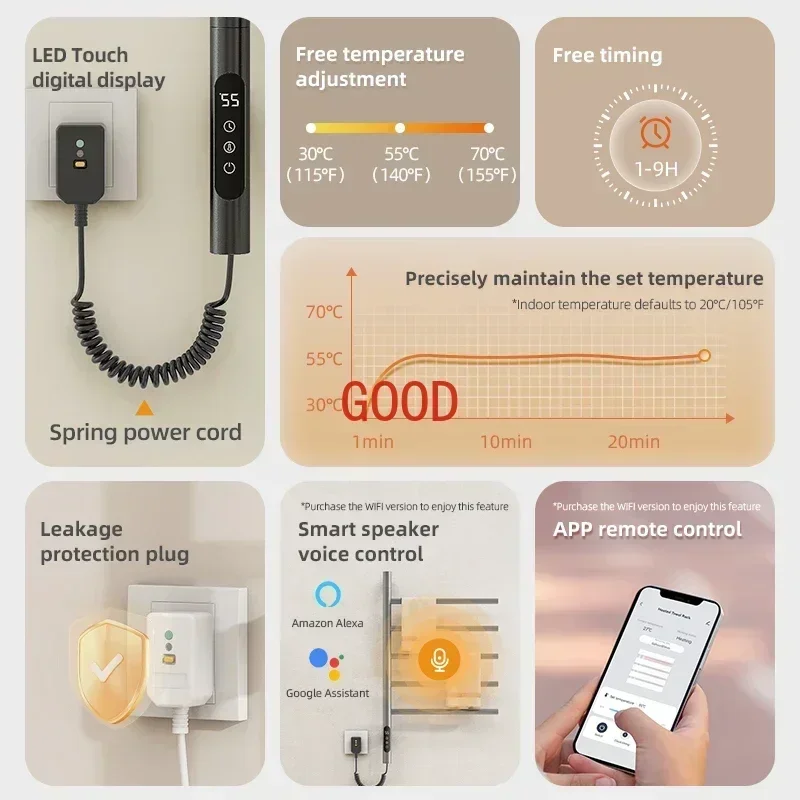 TAO Electric Heated Towel Rail Digital Display Temperature Control Timing Rotatable Smart Bathroom Thermal Towel Warmers G63