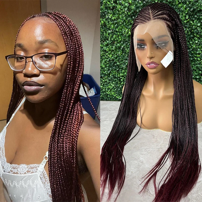 

Ombre Dark Burgundy Braided Wig Synthetic Lace Front Wig 28 Inch Cornrow Braiding Wigs 1b/99J Lighweight Wig for Black Women