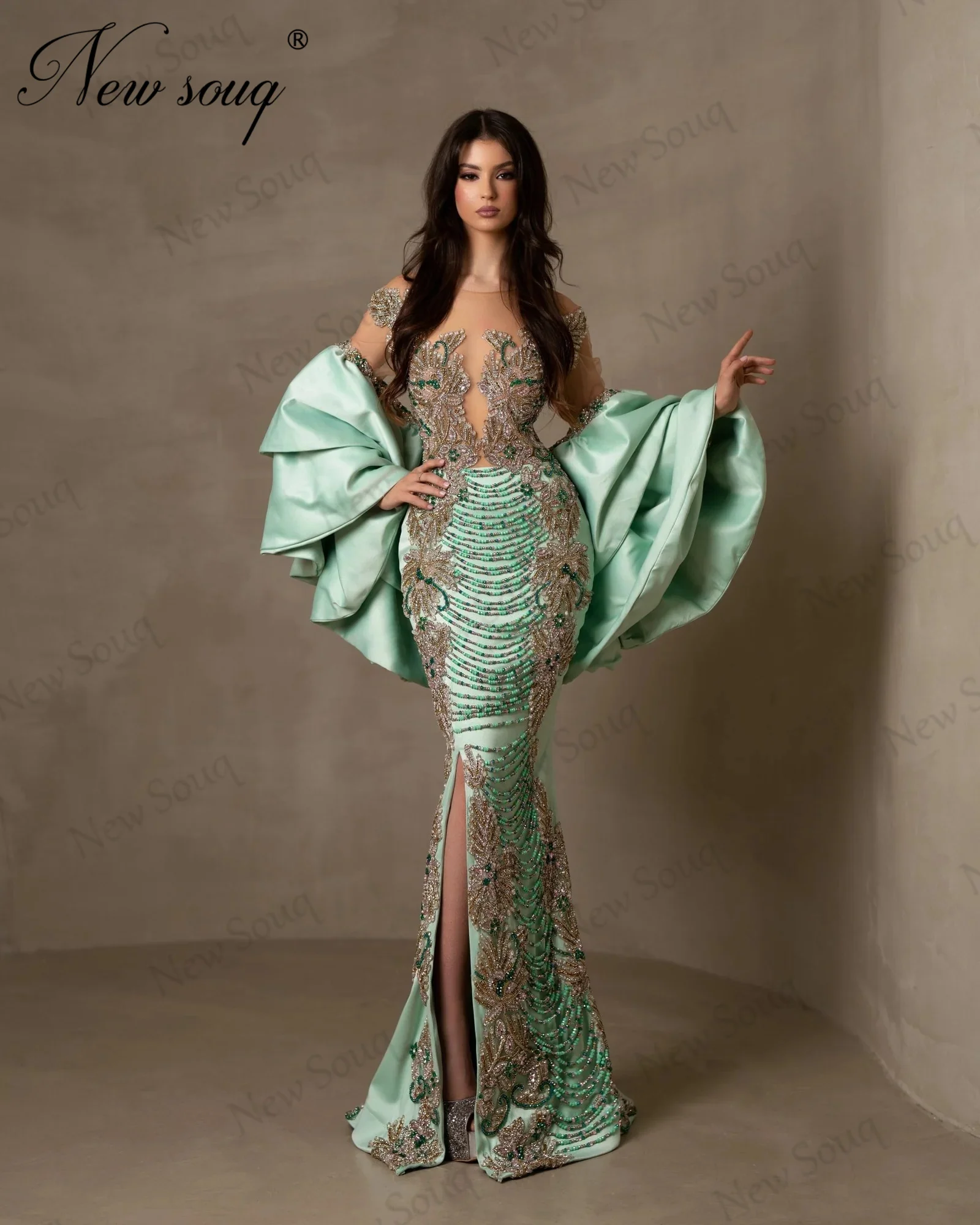 Exquisite Light Green Mermaid Celebrity Dresses With Jacket Heavy Beading Evening Dresses Arabic Dubai Crystals Party Gowns 2024