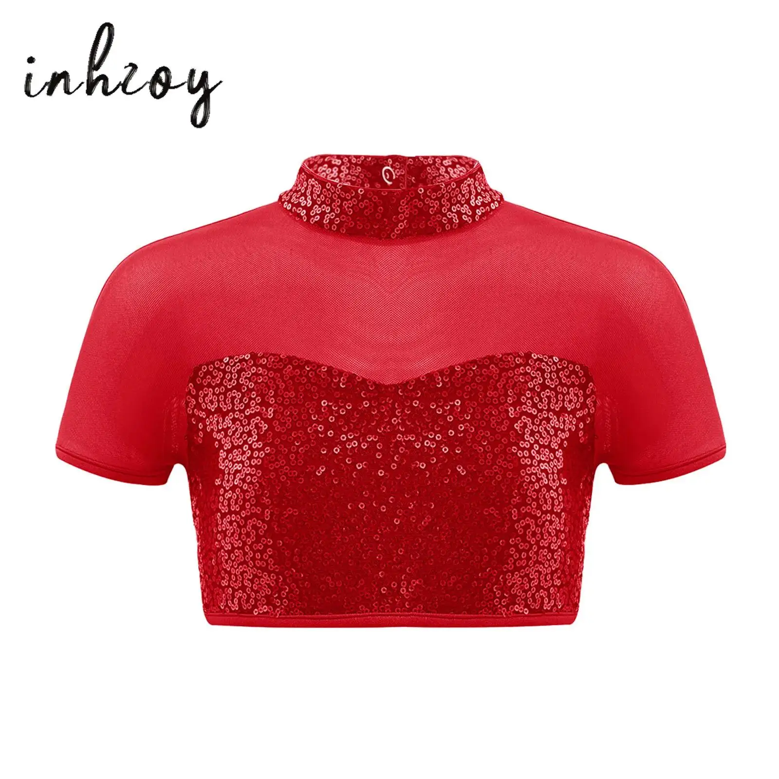 

Kids Girls Modern Dance Outfit Shiny Sequins Adorned Short Sleeve Mesh Patchwork Cutout Back Crop Top Jazz Latin Dance Show Tops