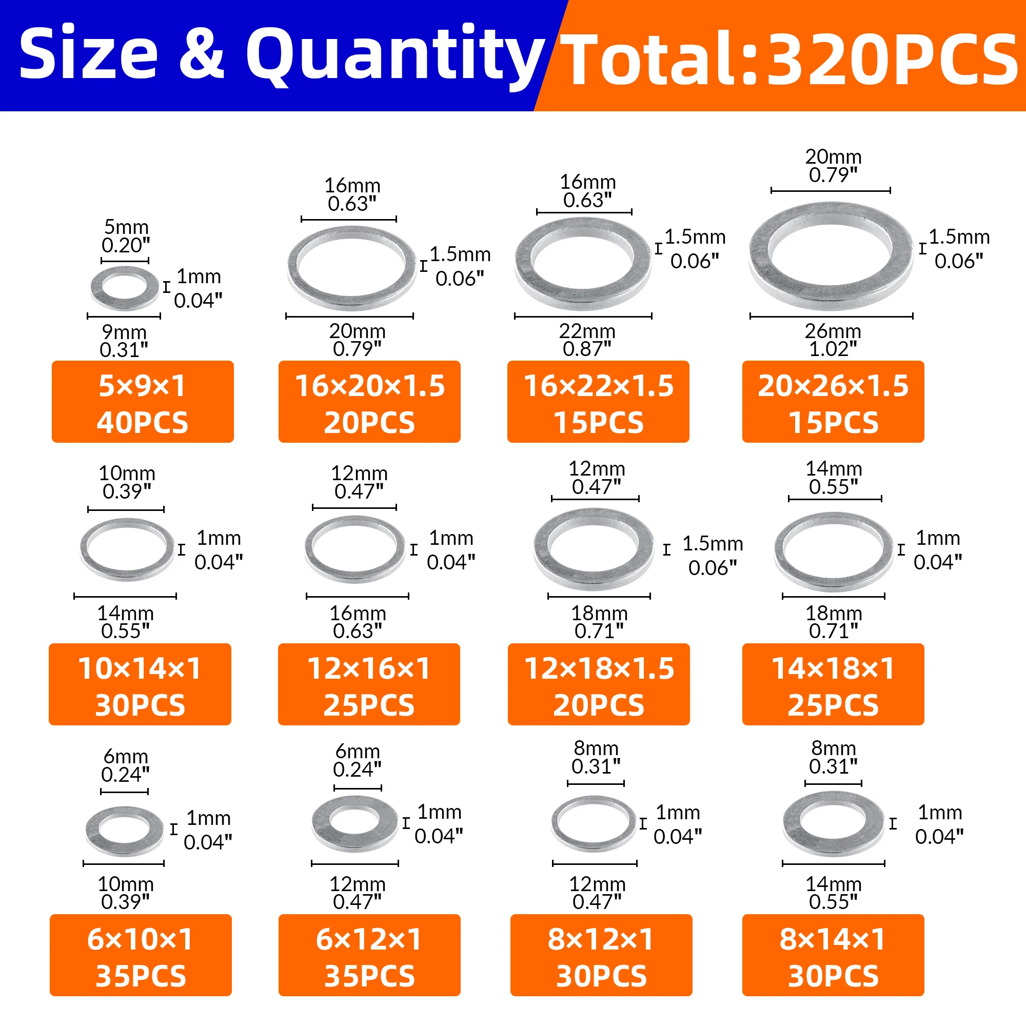 320pcs Aluminum Flat Washer Assortment Kit Aluminum Flat Washers  Washer Automotive Metric Oil Drain Plug Gaskets Aluminum Flat