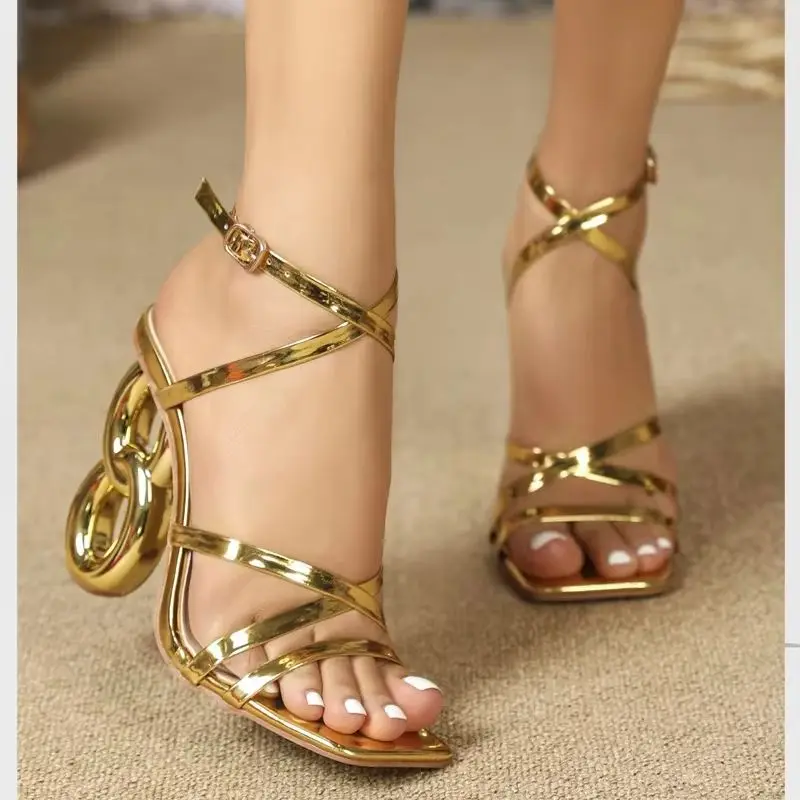 Eilyken Fashion Golden Narrow Band Square Toe Women\'s Sandals Designer Fretwork High Heels Ankle Buckle Strap Ladies Shoes