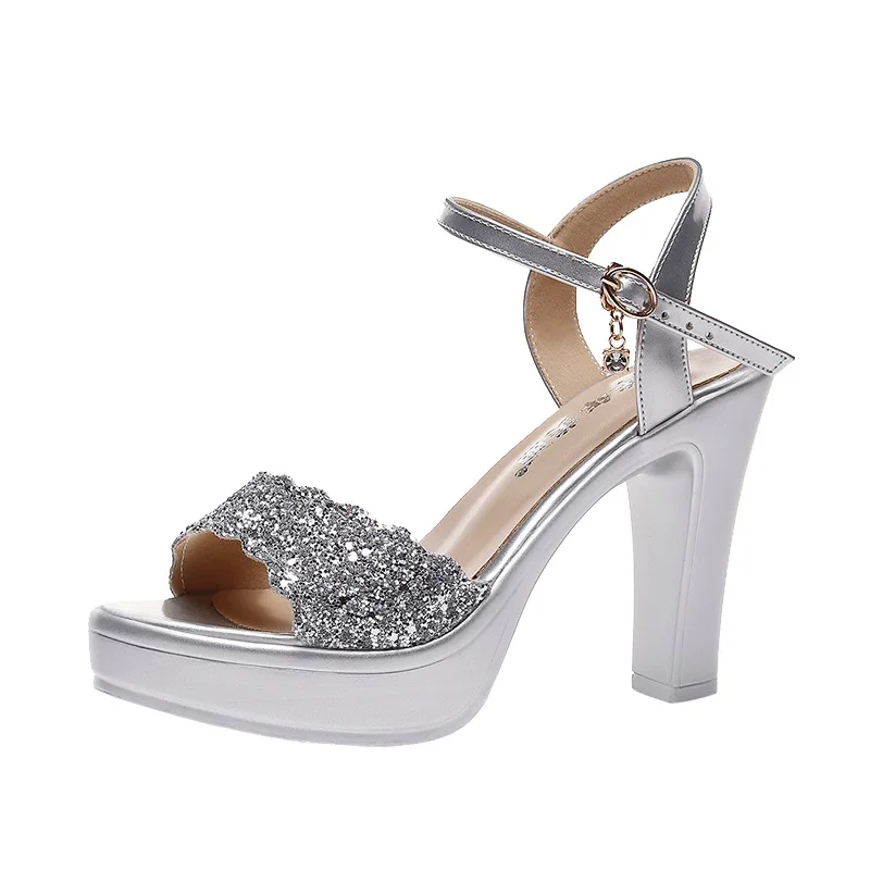 11cm Small Size 32-43 Elegant Bling Sandals Silver Platform Shoes Woman 2026 Extreme Block High Heels Sandals Model Wedding