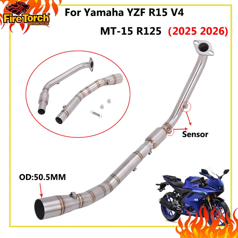Slip On For Yamaha YZF R15 V4 MT-15 R125 2025 2026 Euro 5 Motorcycle Exhaut Front Middle Link Pipe Escape 51mm Muffler 2 Sensors
