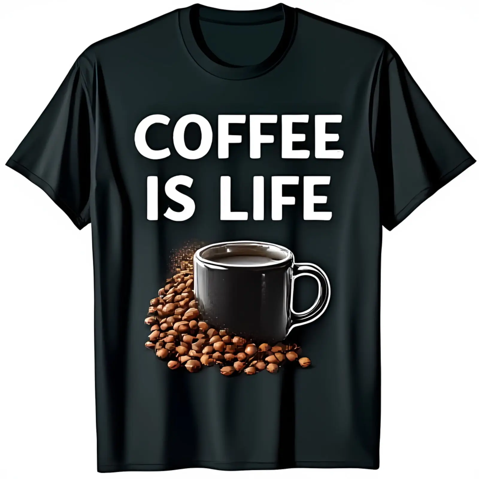 Coffee is Life Black T-Shirt with Steaming Coffee Cup & Beans Design