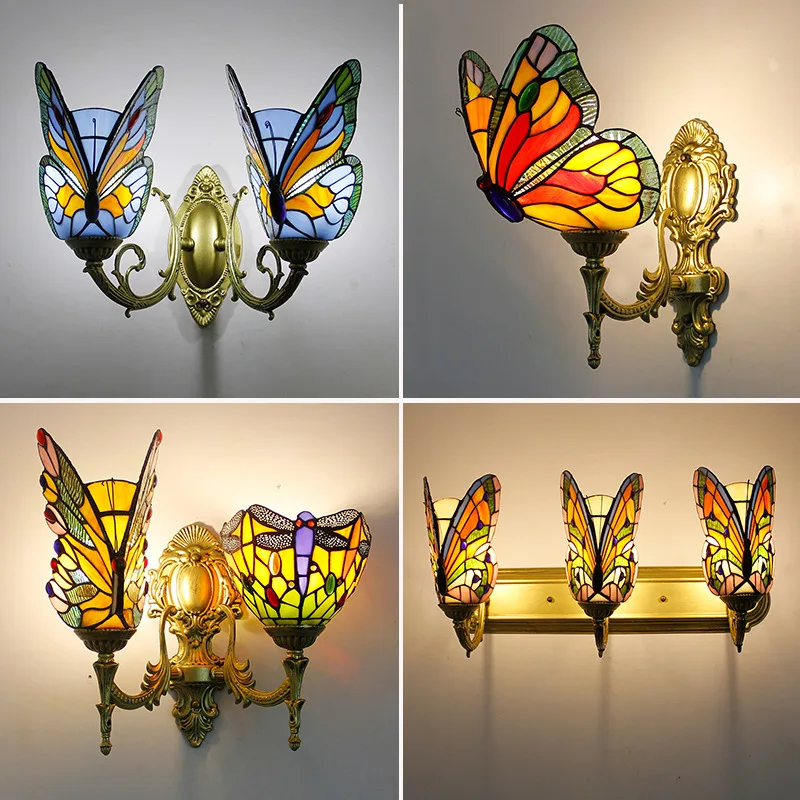 

European Rustic Vintage Butterfly Wall Sconce Living Room Bedroom Villa Aisle Tiffany Wall Lamp E27 220V 110V