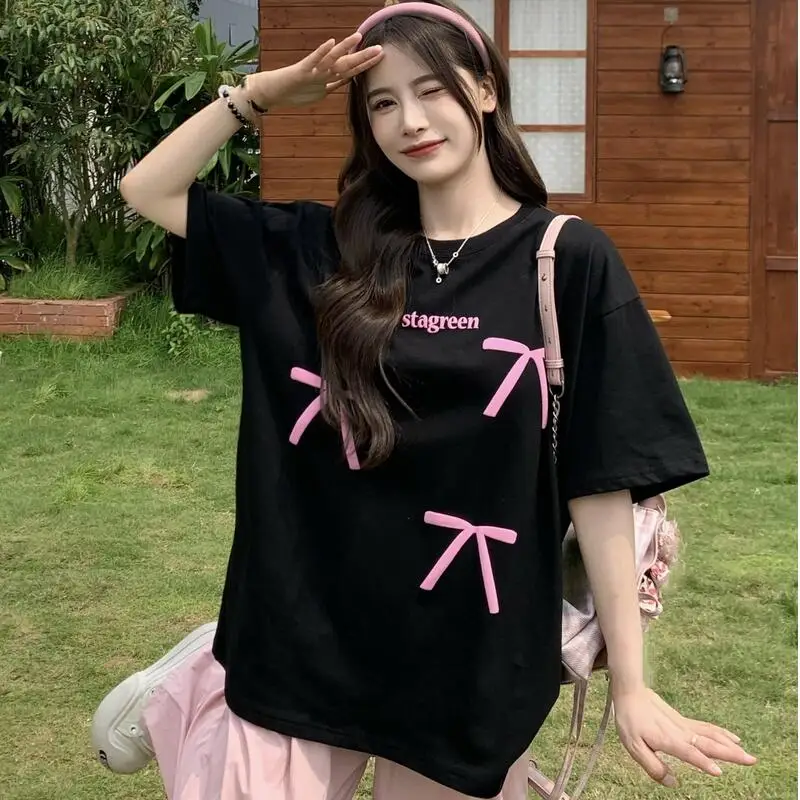 

Корейская хлопковая свободная посадка для похудения, футболка с короткими рукавами и принтом бабочки и банта для женщин, новый стиль весны и лета