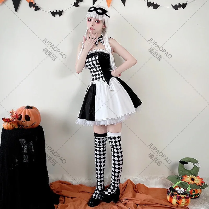 Disfraces de circo de Halloween para mujer, disfraz de Anime japonés Lolita, vestido de fiesta, uniforme a cuadros de juego de rol de payaso para colegiala 2024