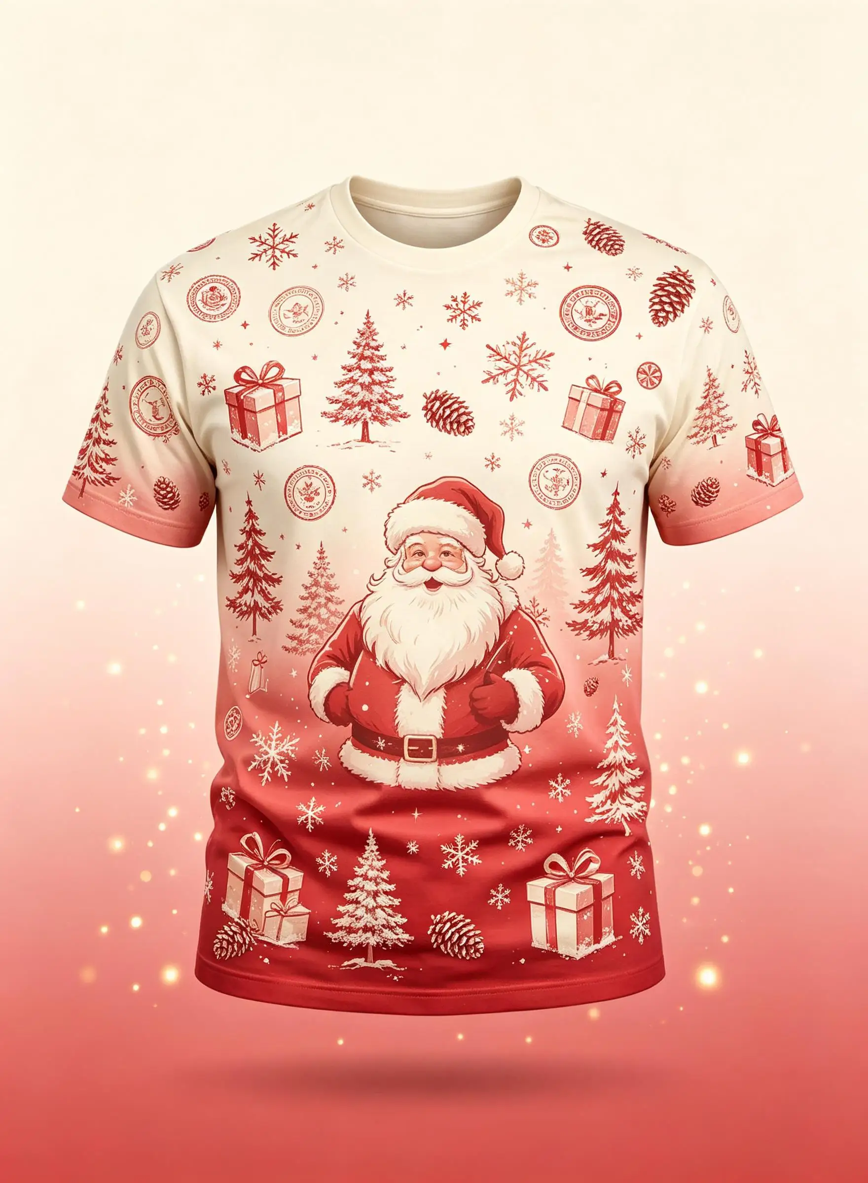 Mens Christmas Short Sleeve T Shirt Red Green Gradient Santa Pine Tree Gift Box Snowflake Print Holiday Top