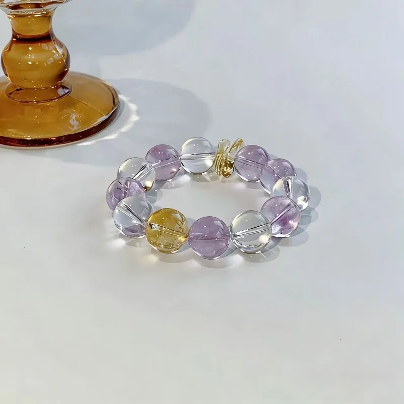 Minar INS Fashion 14-15mm Purple Yellow Transparent Crystal Natural Stone Elastic Strand Bracelets for Women Wholesale Jewelry