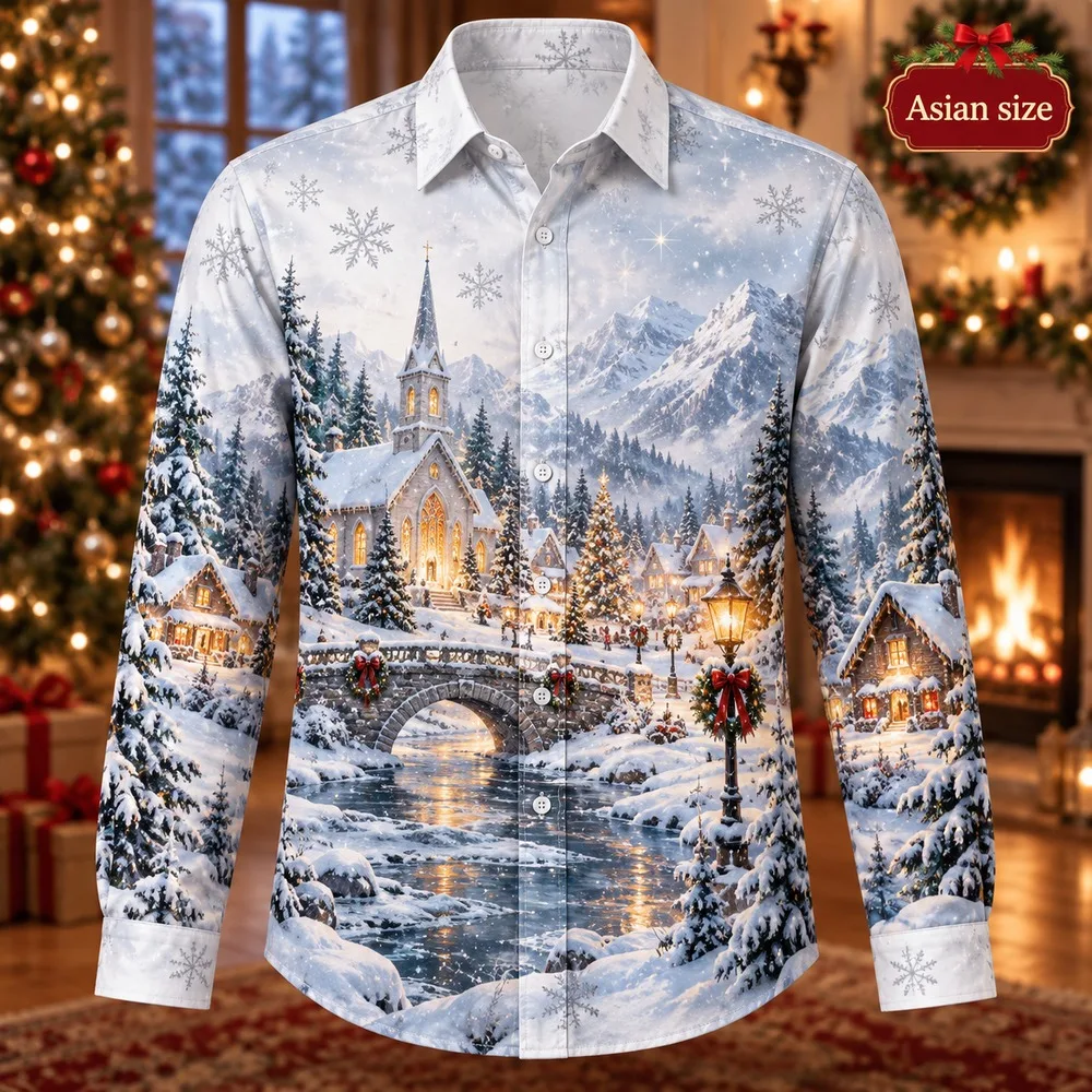 New Christmas Village Long Sleeve Button Down Shirt for Men 3D Print Polyester Holiday Party Festive Graphic Xmas Top Shirts