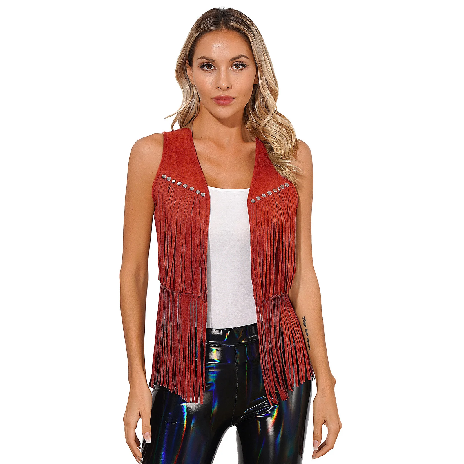레이디 페스티벌 할로윈 의상 민소매 조끼 프린지 양복 조끼 여성용 태슬 조끼 패션 리벳 카니발 레이브 파티 의상