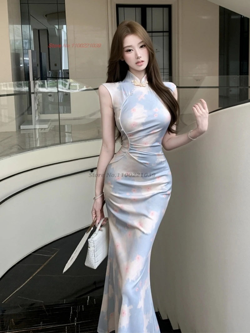 

2026 chinese sexy qipao evening nightclub dress traditional flower print sleeveless cheongsam retro banquet qipao fishtail dress