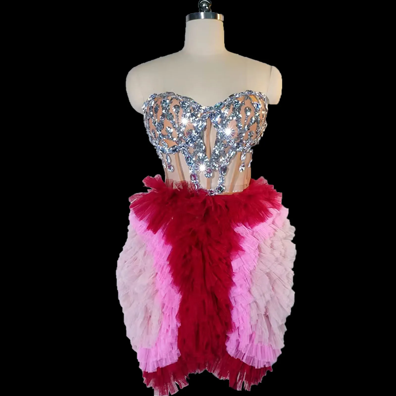 new sexy Top and skirt red dress sets women crystals party club birthday stage DS performance Celebrate singer clothing Custome