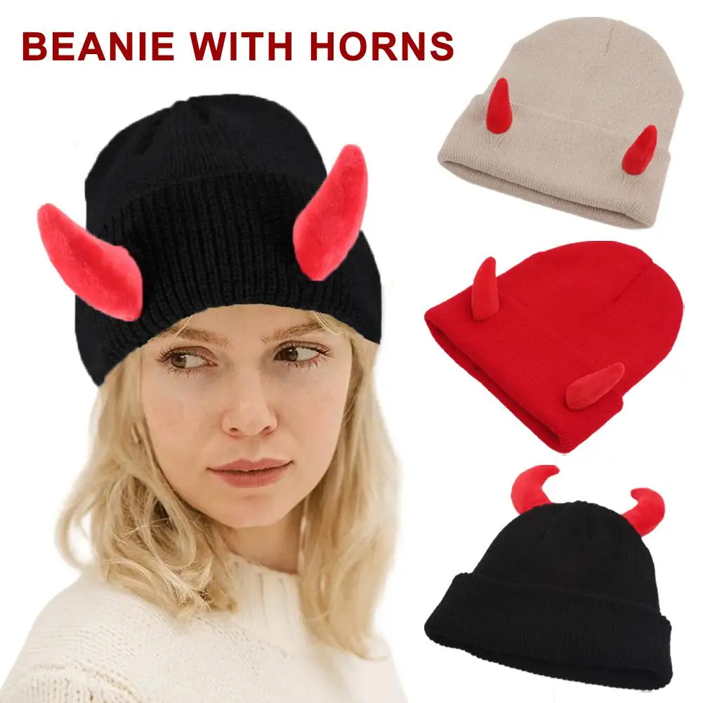 Devil Horns Men Hat Knitted Beanie With Horns Women Hip Hop Demon Horns Cap For Winter Warm Ski Outdoor I4c5