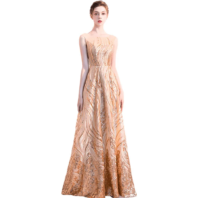 Robe de mariée à paillettes dorées, col rond, tulle brillant, longueur au sol, fouet de conception, robe de soirée à la mode, luxe haut de gamme, indépendant, nouveau