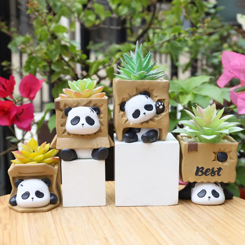 

Cartoon Panda Desktop Succulent Pot Home Landscape Gardening Flower Device Creative Handmade DIY Resin Artifact