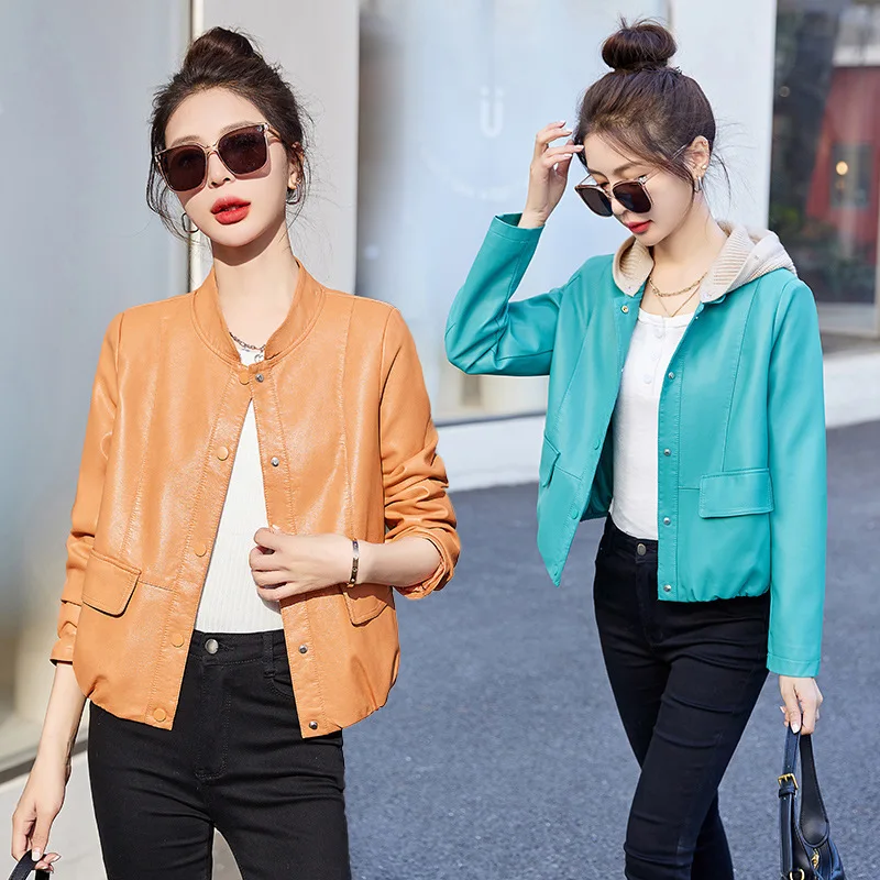 Large size leather jacket for women in spring and autumn 2024, new fashionable Korean version, small and short sheep leather