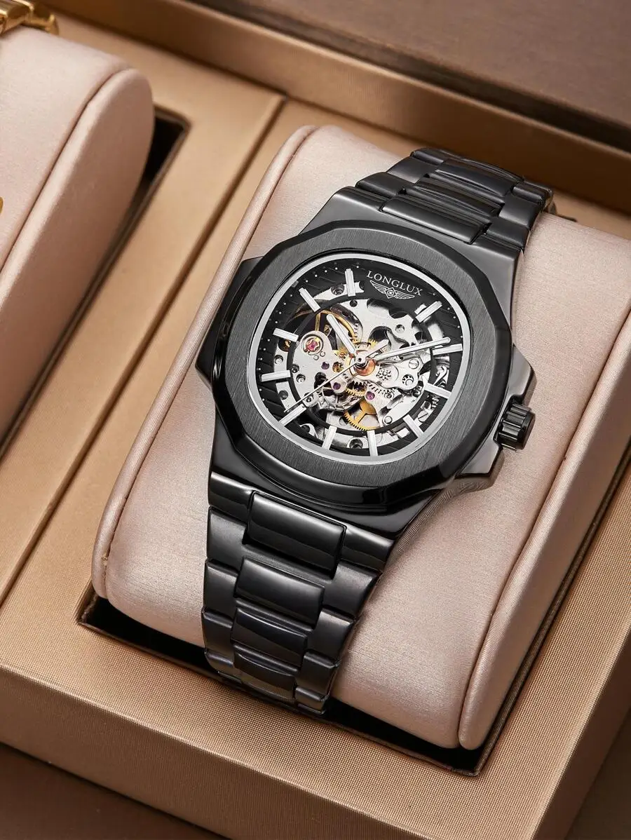 

Мужские автоматические механические часы-скелетоны с черным ремешком из нержавеющей стали