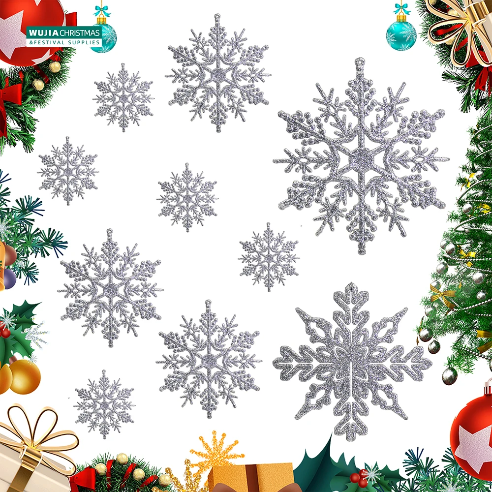 40Pcs/Set Silver Glitter Plastic Snowflake Ornaments Christmas Venue Decoration Xmas Tree Pendant for Home Winter Party Supplies