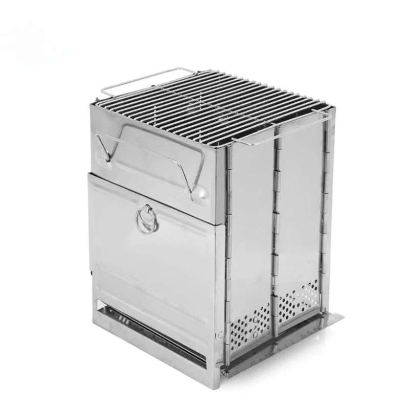 Portable Stainless Steel Camping Stove Windproof Charcoal Wood Grill for BBQ Foldable Lightweight Multi-functional Heater