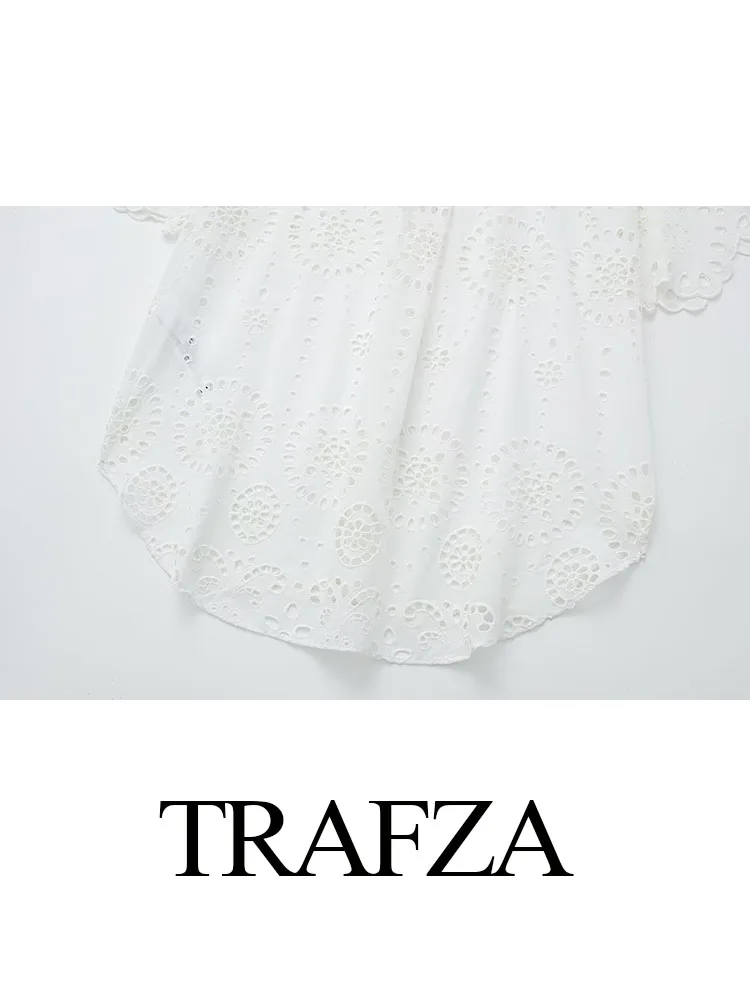 TRAFZA-Blusa feminina de gola virada para baixo, camisa casual, manga curta, bolsos, peito único, fina, branca, nova moda, verão