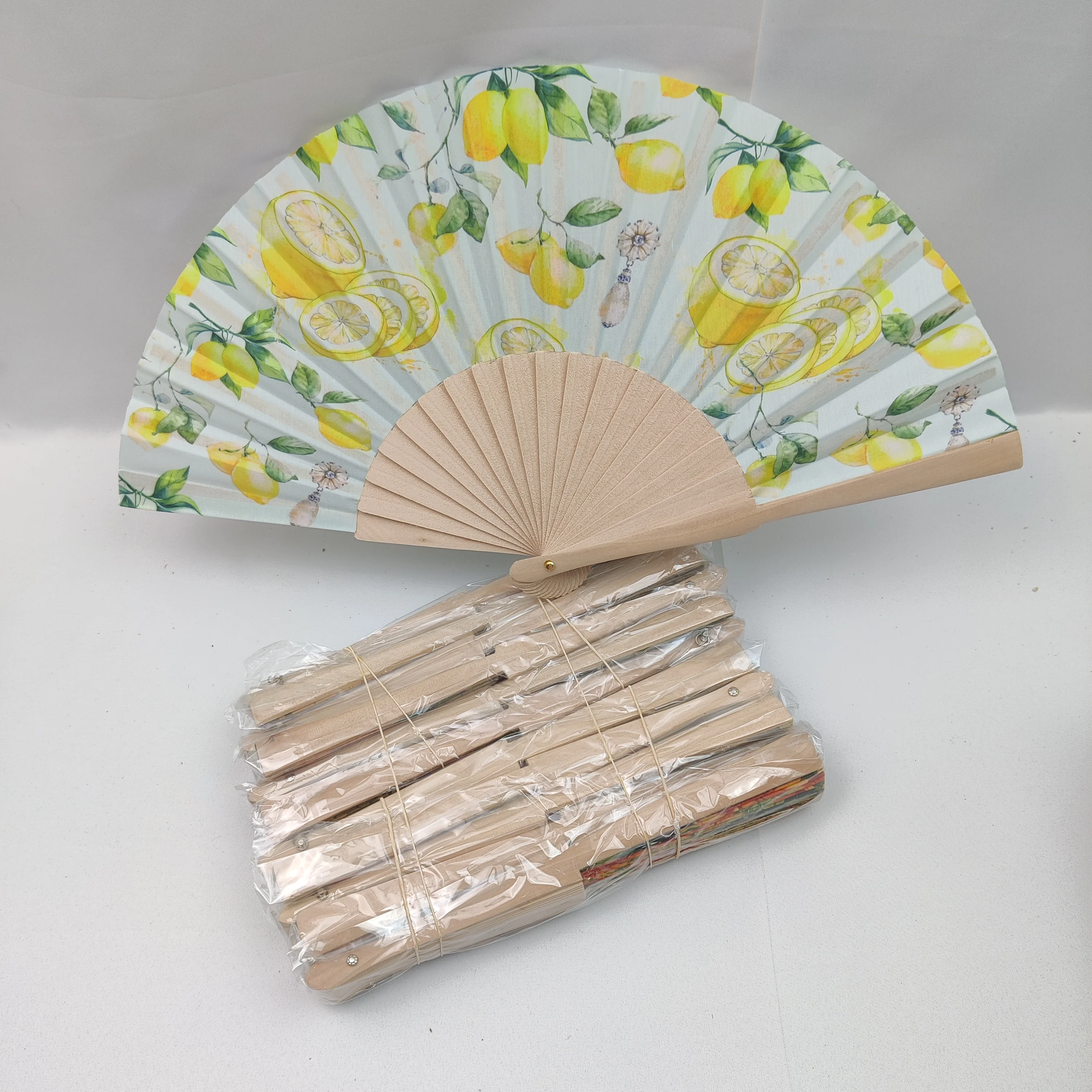 23CM wooden folding hand fan with fashion printing on fabric 10 pieces/bag woman hand fan