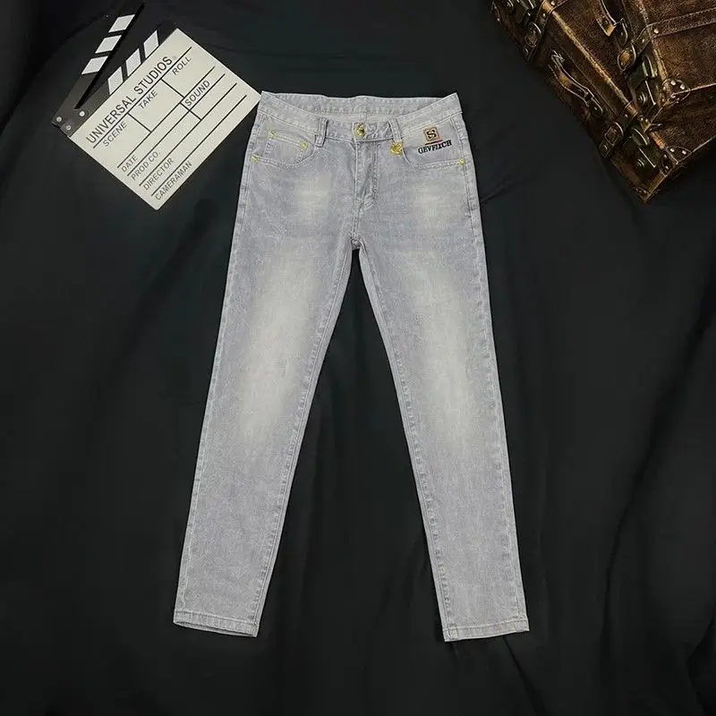 

Легкие мужские джинсы, модные облегающие эластичные длинные брюки, осеннее новое поступление, повседневные хлопковые, полиэстеровые, со средней талией, на молнии