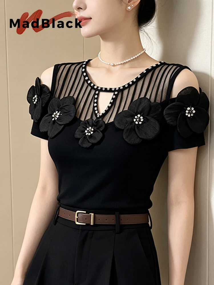 MadBlack-Women European T-Shirt, Sexy O Neck 3D Floral, Hotsweet Short Sleeve Off Shoulder Slim M-3XL Tee, 2026 Summer T67102CC