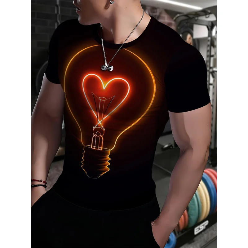 Men's fitness short sleevesTShirt Light bulb heart neon print quick-dry breathable stretch slim-fit style.