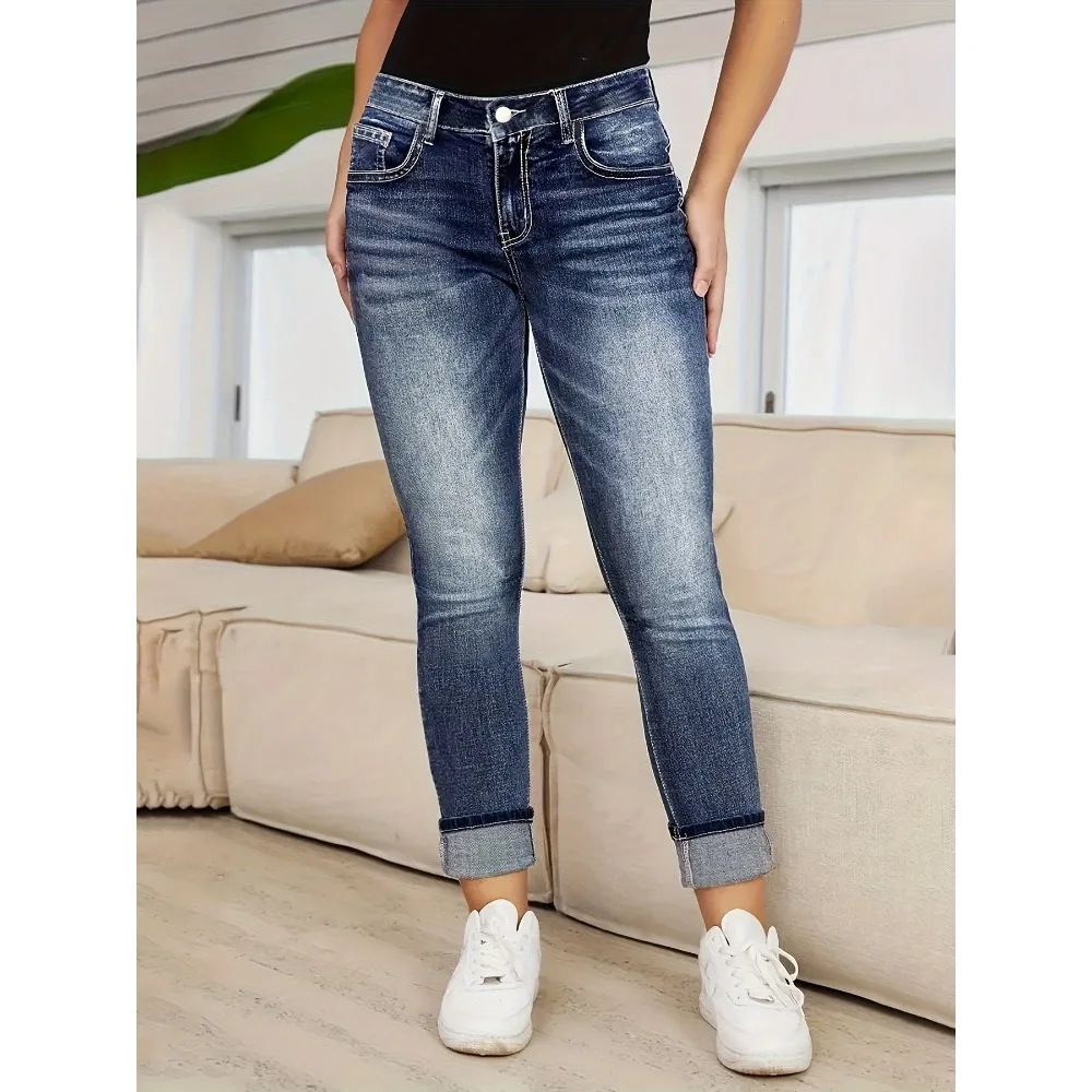 Ladies high elastic fashion Joker embroidered small straight jeans