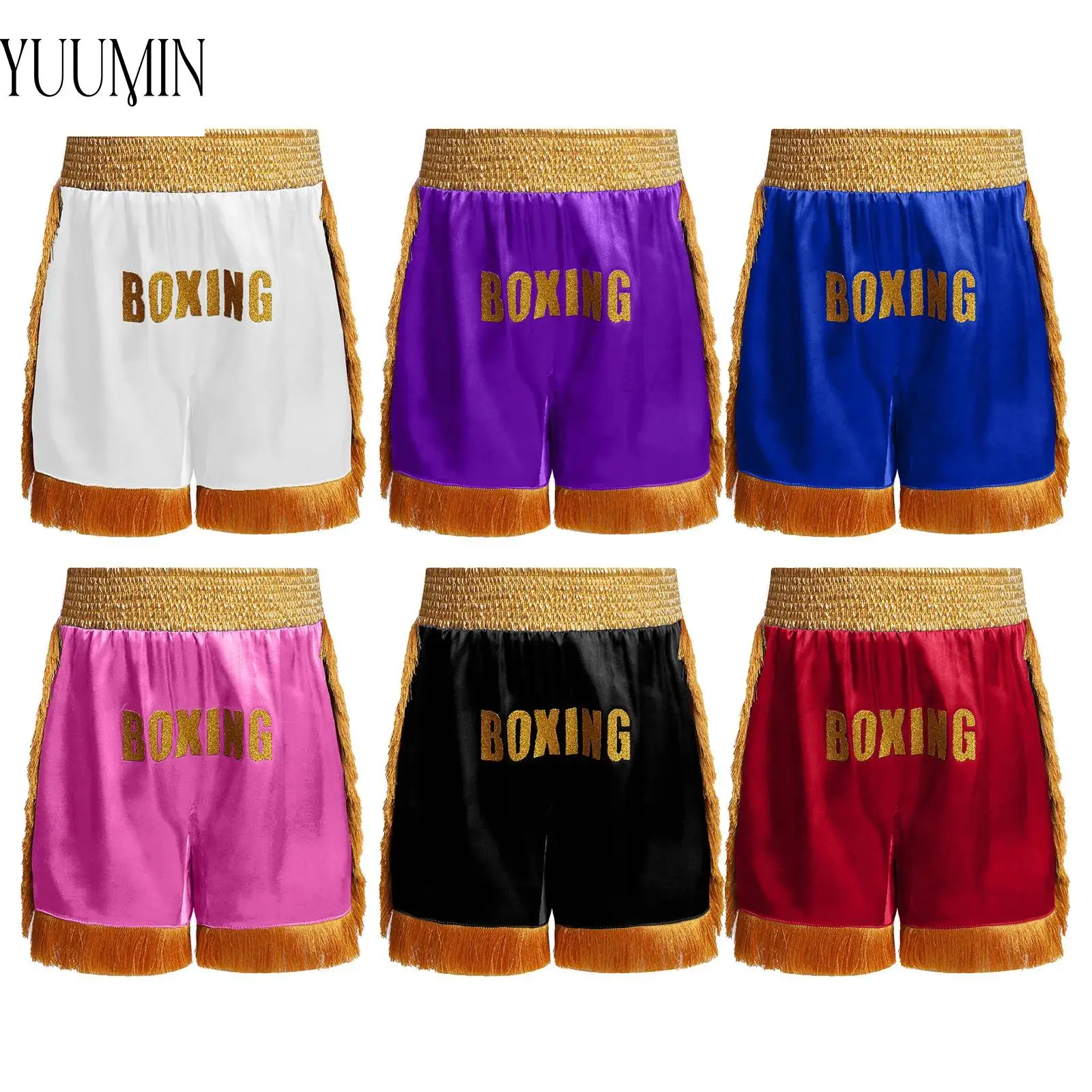 

Muay Thai Shorts Kids Boy Boxing Martial Arts Shorts Stretchy Tassels Satin Bottoms for Kickboxing Fight Performance Theme Party