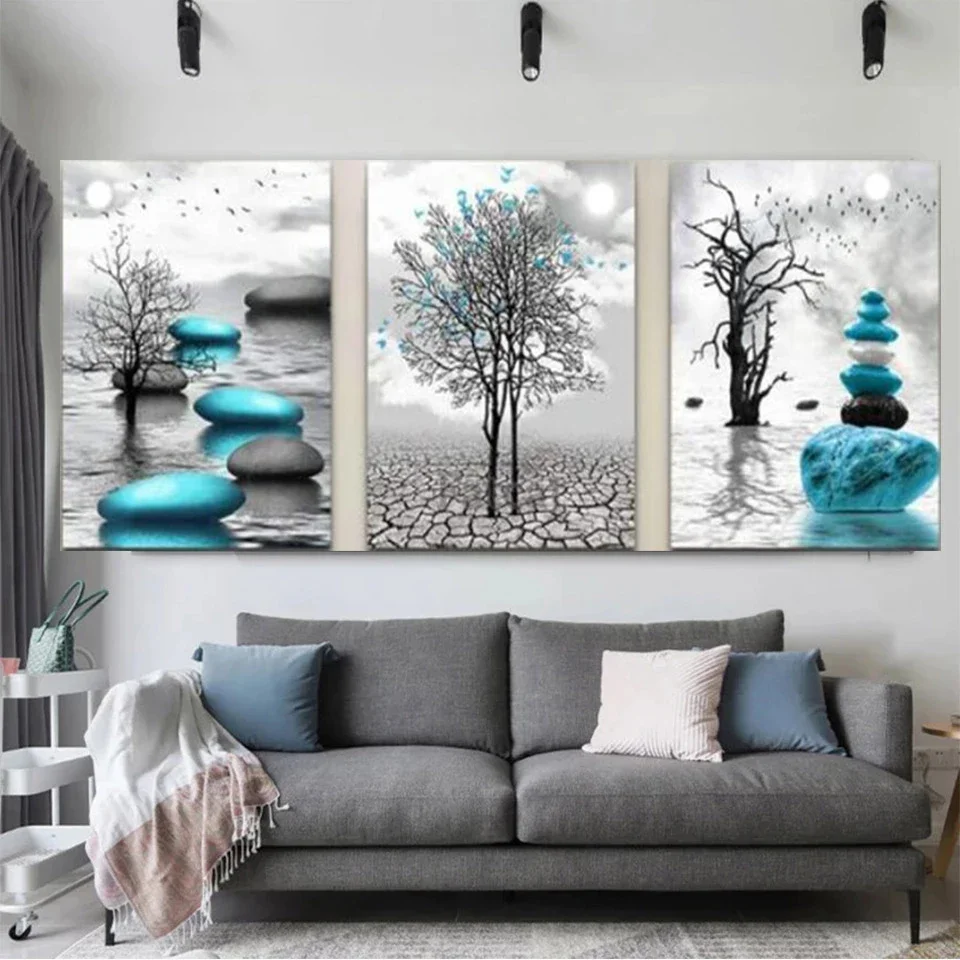 Trittico albero di pietra blu paesaggio naturale 3 pezzi pittura diamante 5D fai da te ricamo a mosaico completo ricamo diamante decorazioni per la