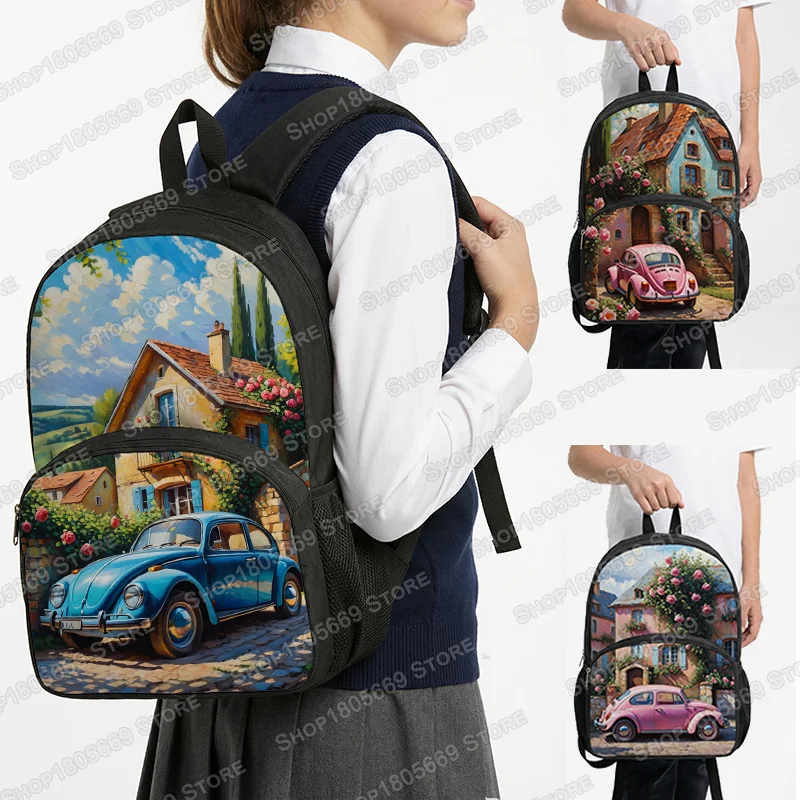 Vintage Oil Painting Country House Beetle Car Backpack for Boys Girls Lightweight School Bookbag Student Laptop Backpacks