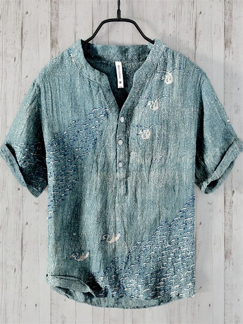 

Мужская рубашка с коротким рукавом, рубашка Генри с v-образным вырезом, повседневная рубашка с изображением форели, летняя мода с художественным принтом и иллюстрацией