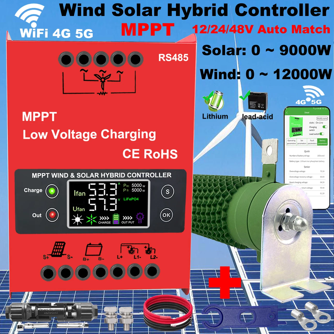 12V 24V 48V 3000W 5000W MPPT Hybrid Wind Solar Charge Controller LCD Display Built in WIFI Regualtor For Lifepo4 Lithium battery