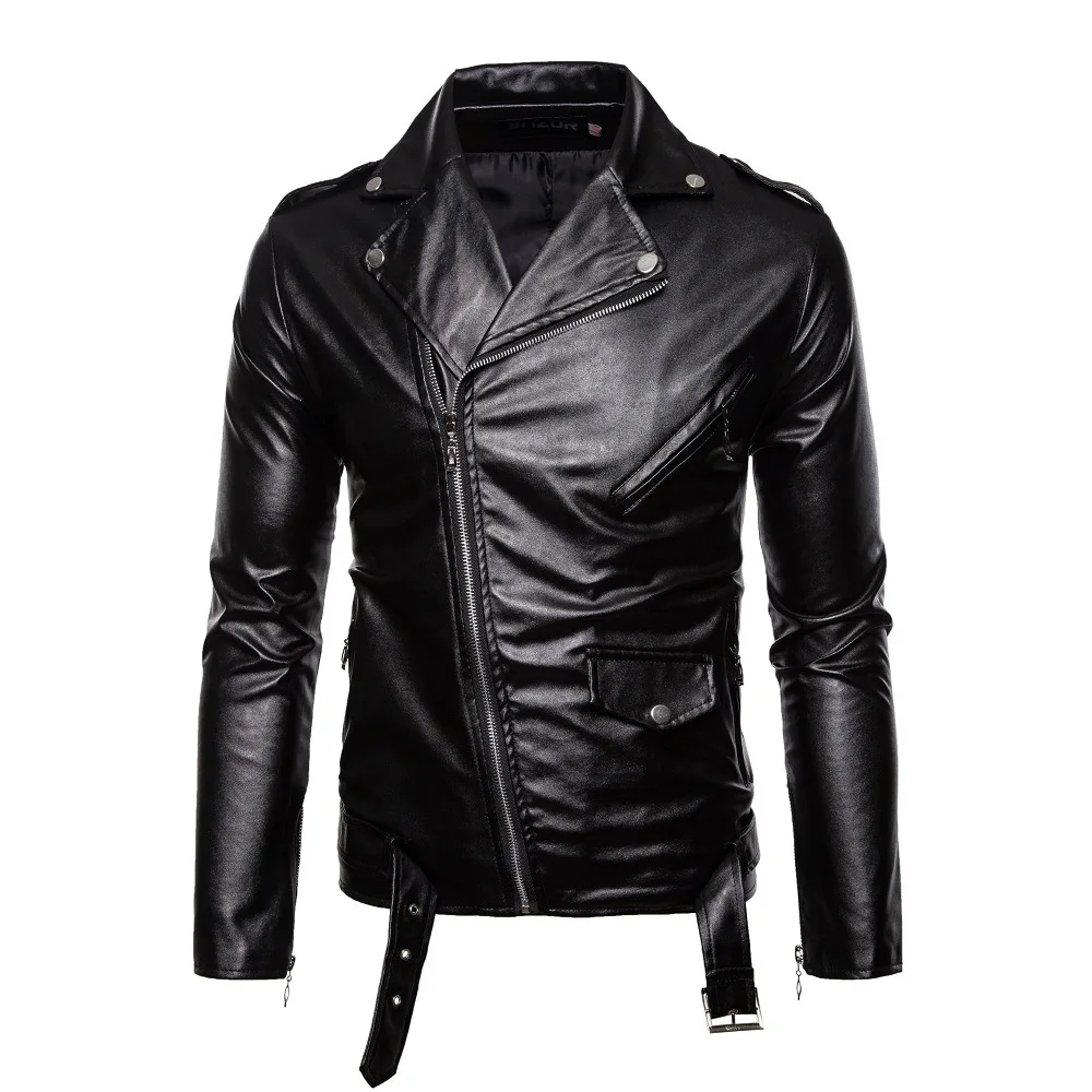 Pu Coat Men Faux Leather Jacket Motorcycle Zipper Turn Down Collar Belt Slim Fit Punk Biker Jackets Outerwear Work Autumn Winter