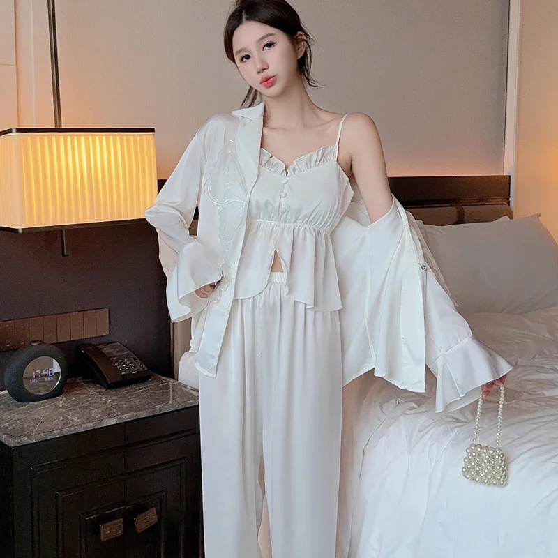 Summer 3pcs Robe Trousers Pajamas Suit Rayon Sleepwear Women Lace Ice Silk Spring Long Sleeve Bathrobe Causal Home Clothes