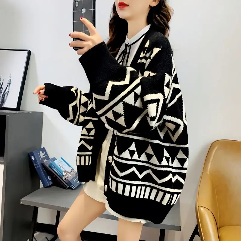 

Vintage Harajuku Panelled V-Neck Women Sweater Coat Spring Autumn Long Sleeve New Loose Argyle Printing Knitted Cardigans Tops