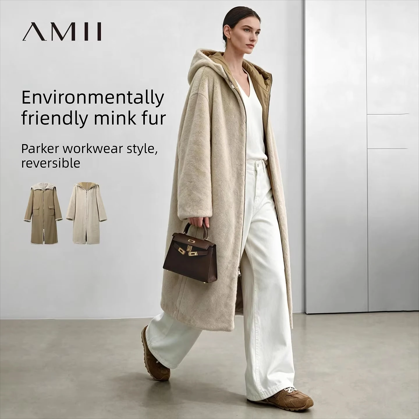 Amii Reversible Faux Fur Parka Coat for Women Hooded Loose Two Faced Long Jackets 2026 Winter Warm Coats Women's Jacket 12654013