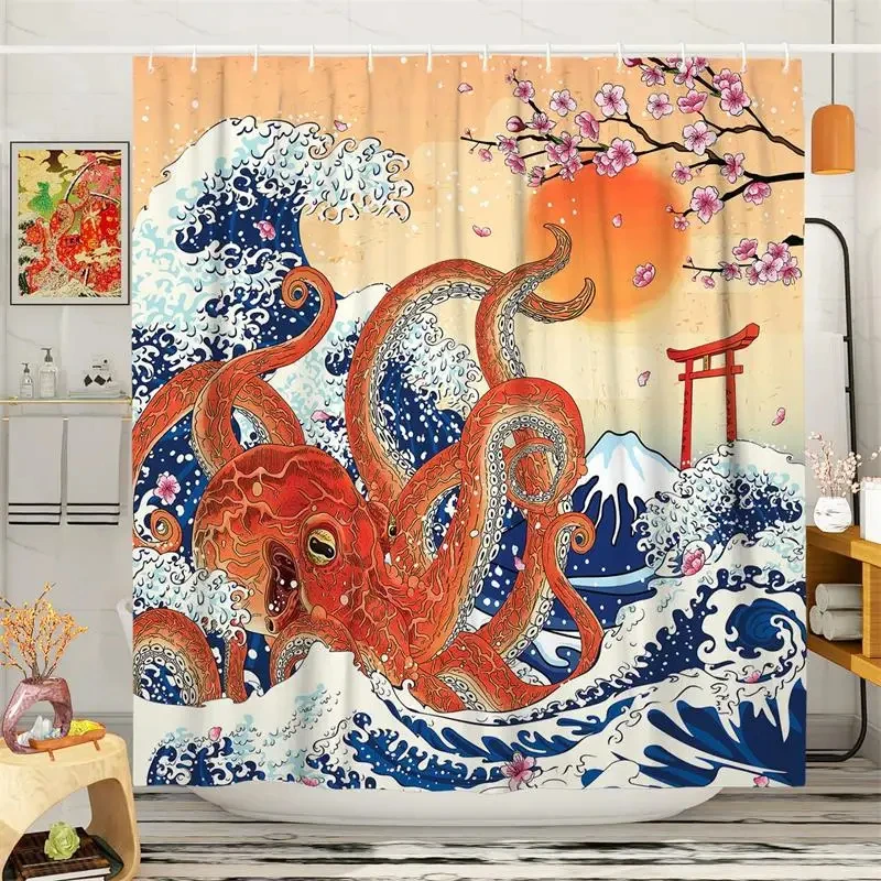 Funny Octopus Shower Curtains Marine Animal Mermaid Sailboat Vintage Nautical Map Bath Curtain Fabric Bathroom Decor with Hooks