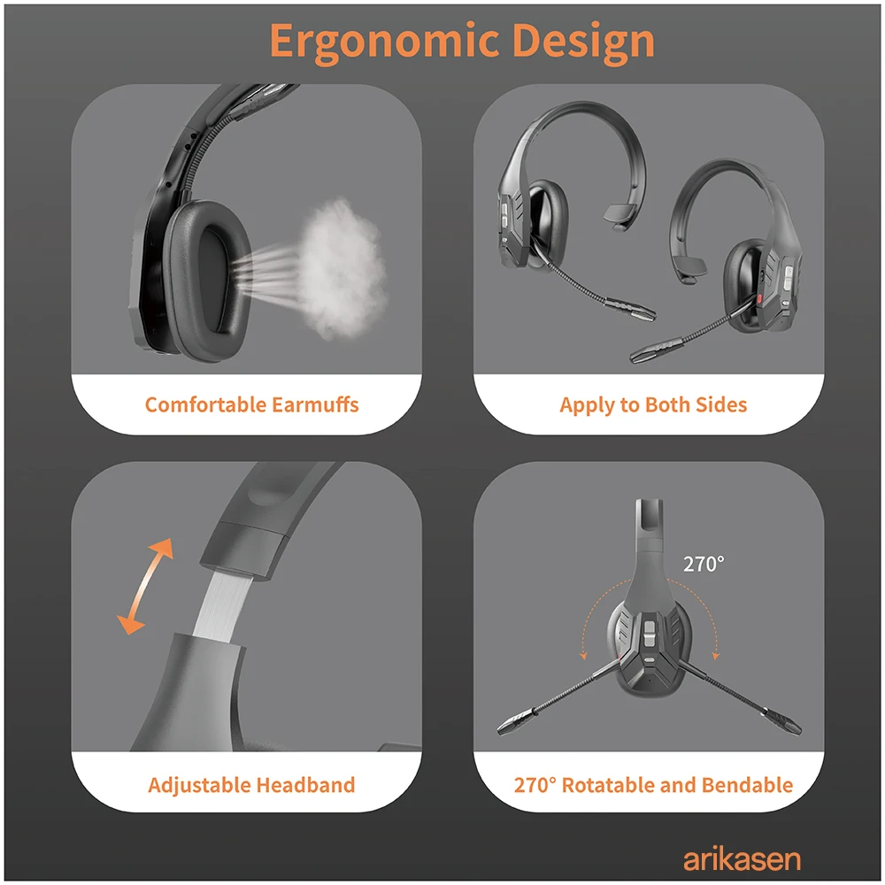 Trucker-Bluetooth-Headset mit dreifacher Mikrofon-Geräuschunterdrückung, Stummschalttaste, 65 Stunden Akkulaufzeit, kabelloses Headset für LKW-Fahrer, Büronutzung – Detail 6