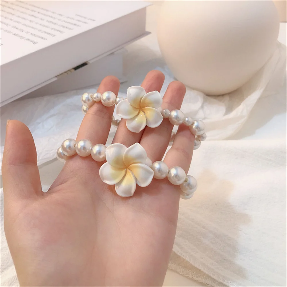 Fashion Elegant Plumeria Flower Head Rope Hair Ties Sweet Korean Flower Hair Rope Women Elastic Rubber Band Pearl Hair Loop