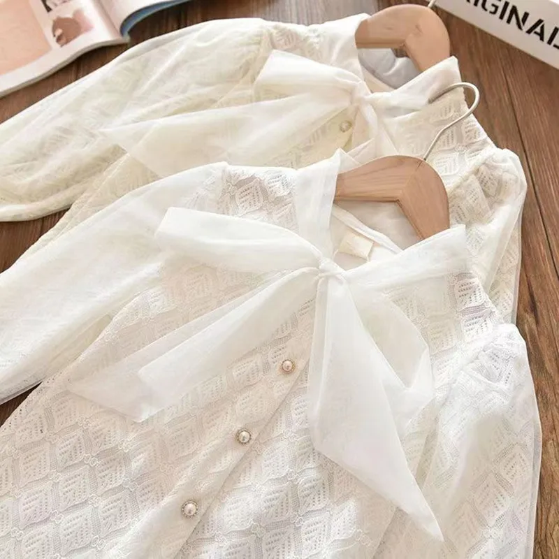 Teenage Girls Shirt New Korean Style Baby Girls Princess Blouses Lace Collar Tops Toddlers Kids Bow Princess Shirt