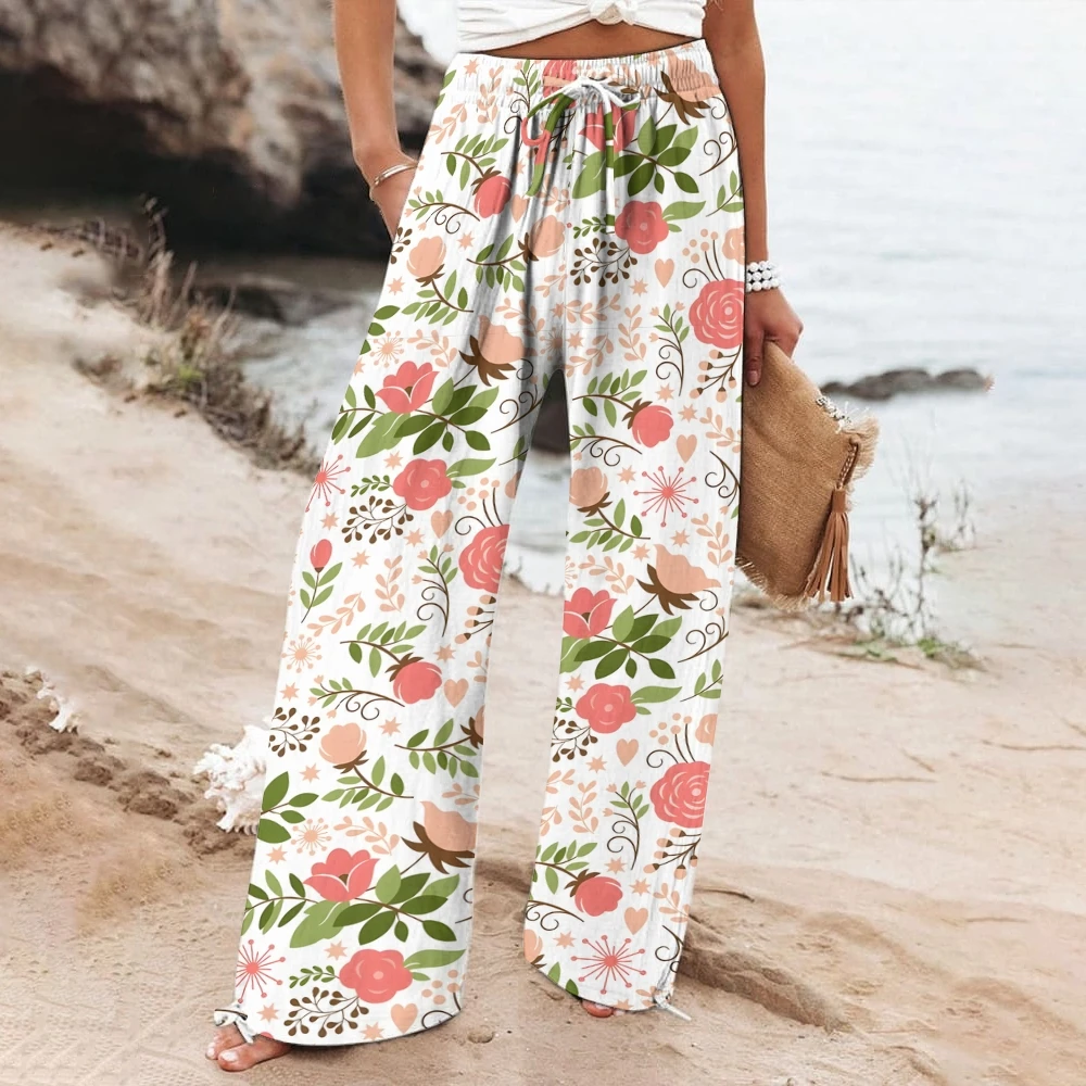 

Pink Flower Print Drawstring Pants Womens Beach Trousers Wide-Leg With Vivid Blooms Straight Leg Pants Versatile Vacation Wear