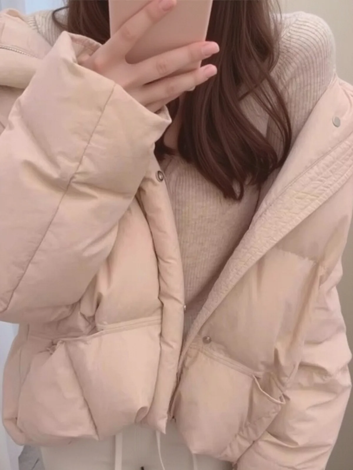 

Loose Fit ort Cotton Jaet Women's Pink Hooded Bread Sle Coat Korean Version Faionable Winter Outerwear for Young Ladies