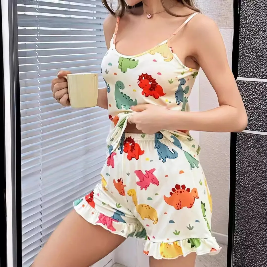 Women\'s 2pcs Multicolor Dinosaur Print Cami Top & RuffleTrim Shorts Pyjama  Soft  Homewear Setfor  Sleepwear for Summer